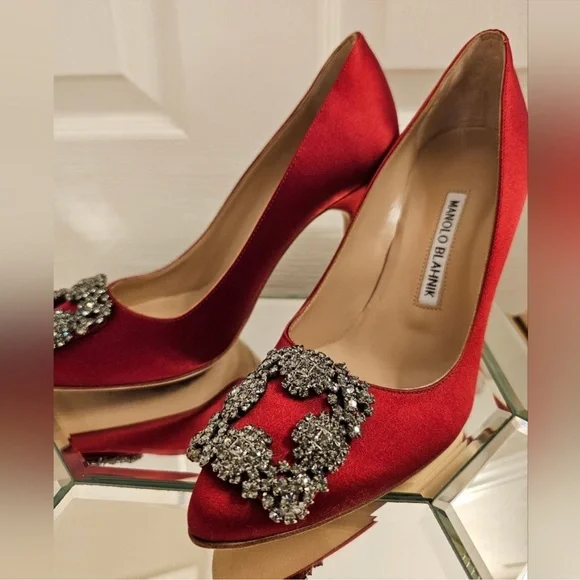 Manolo Blahnik Red Satin Heels with Embellishments - Picture 4 of 10